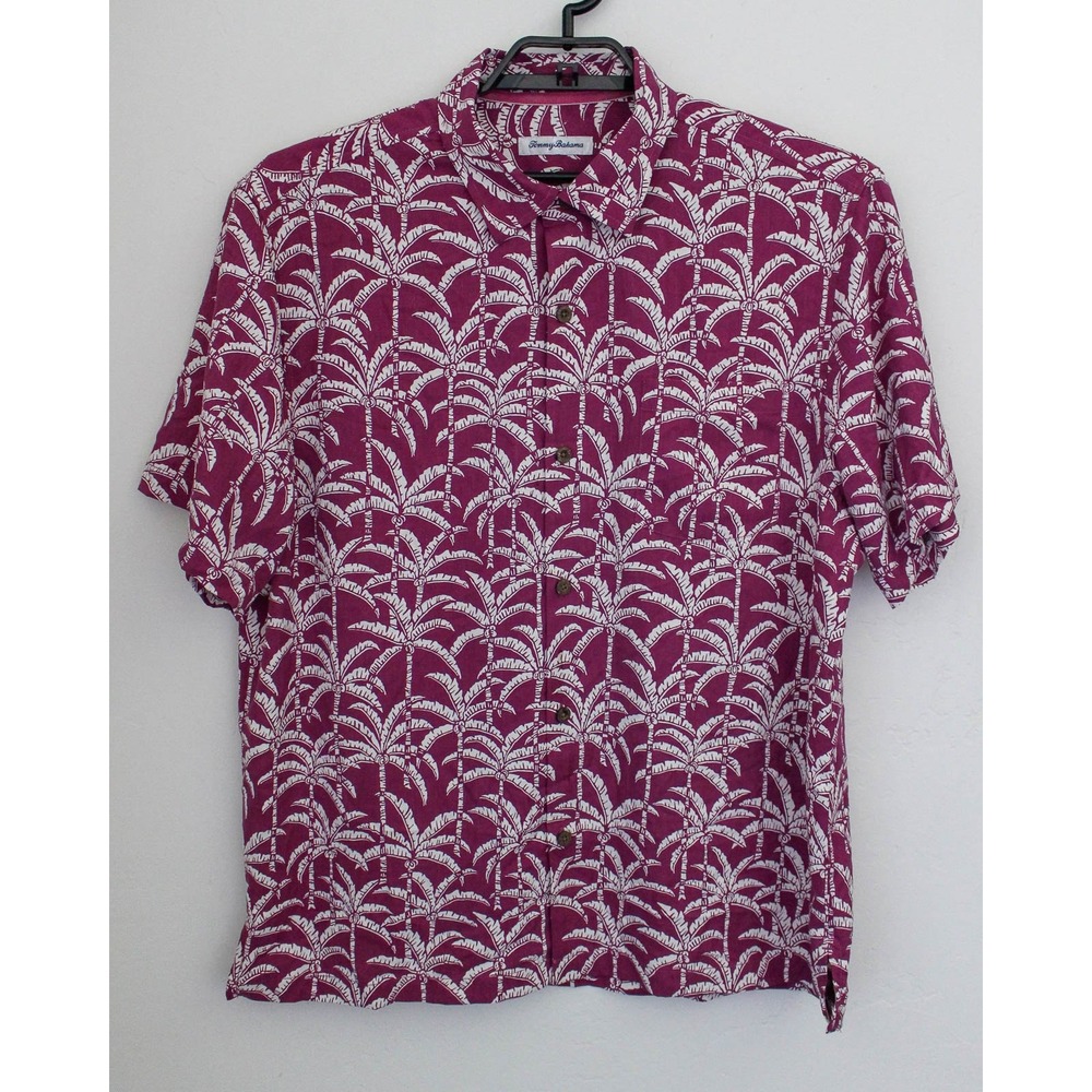 Tommy Bahama Camp Shirt Mens XL Pink Palm Tree Silk Blend Short Sleeve Button Up